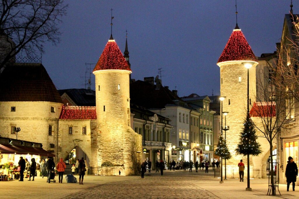 Viru Gate in the Old Town of Tallinn, lit up at night