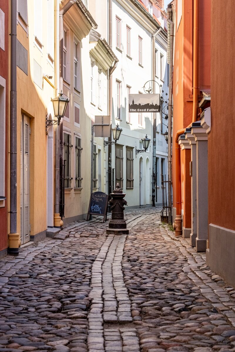 A quiet cobblestone street in a European city