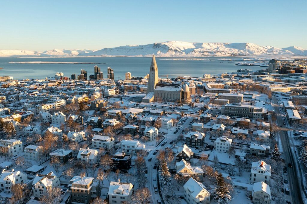 An aerial view of a city in winter