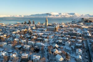 An aerial view of a city in winter