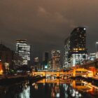 Osaka skyline lit up at night, reflected in the river